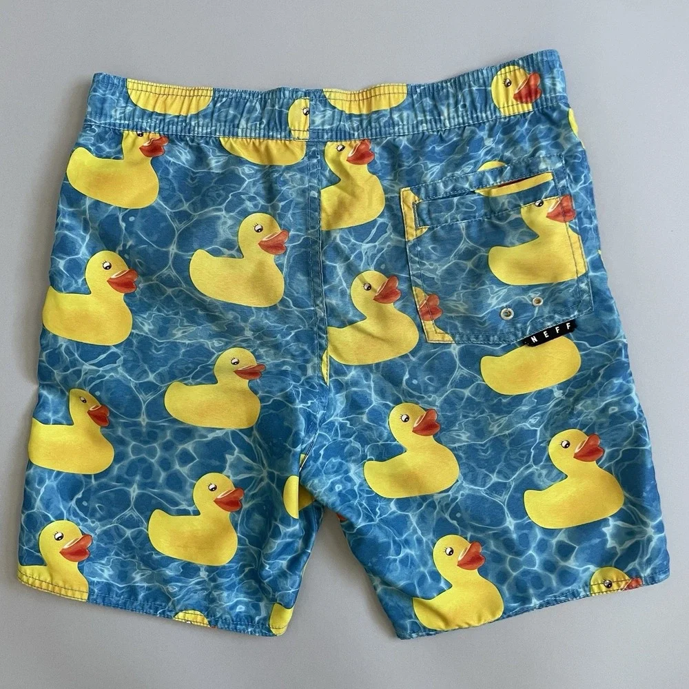 Neff Men's Swim Trunks Medium Rubber Duck Print Blue Yellow Board‎ Shorts M